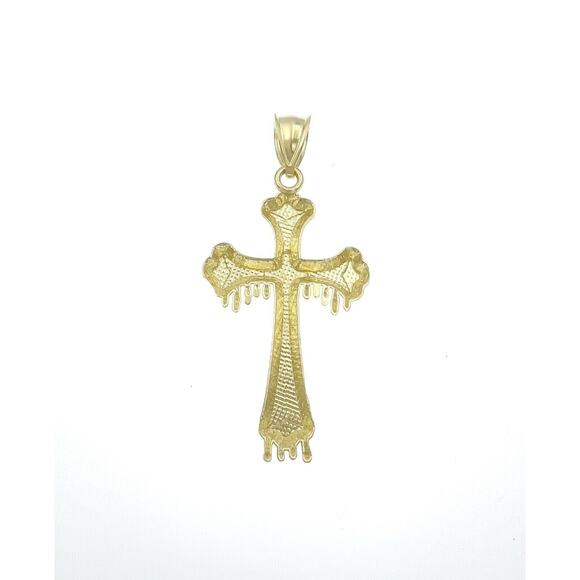 10k Gold Cross Drip Pendant Charm Diamond Cut 1.9" - Picture 3 of 4